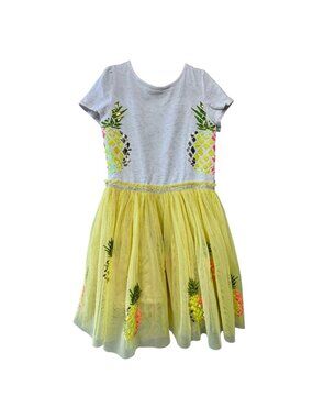 MONSOON Pineapple Disco Dress Girls 7-8 Yellow Tulle Tutu Sequins Pineapples